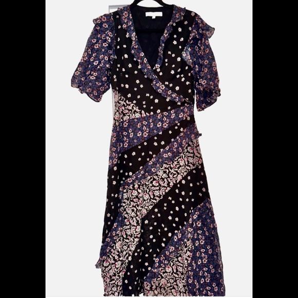 Joie Ambroise Dress Women's 14 Caviar Multi V-Neck Ruffle Trim Elbow Sleeve~ - Picture 4 of 8